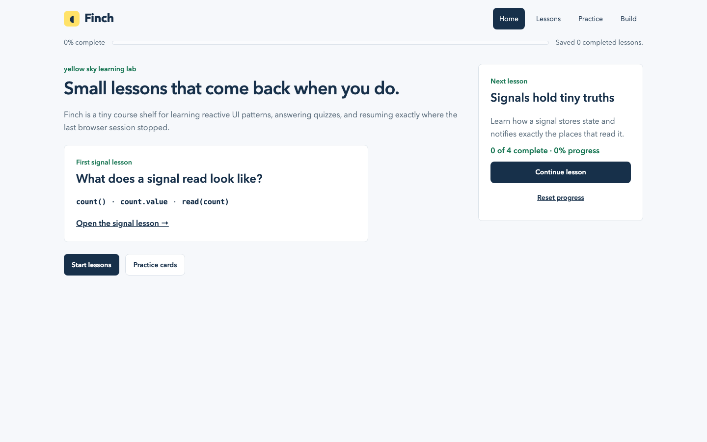 Finch: actual released desktop product view after the shared typography refinement.
