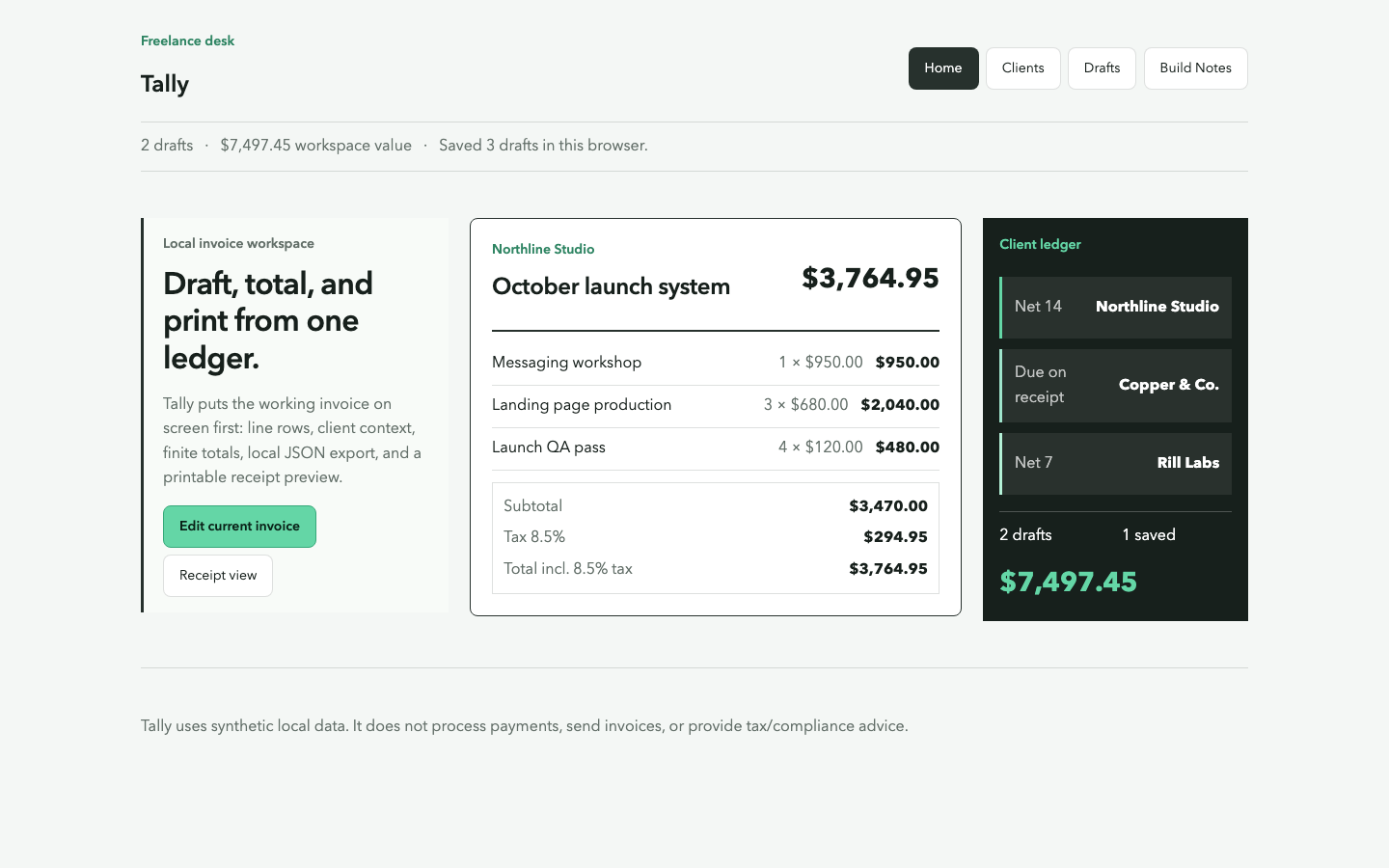 Tally: actual released desktop product view after the shared typography refinement.