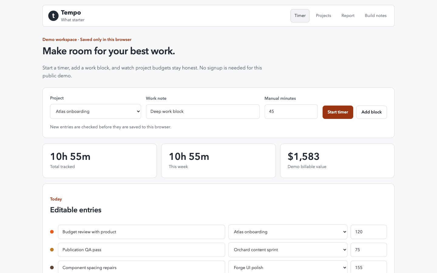 Tempo: actual released desktop product view after the shared typography refinement.